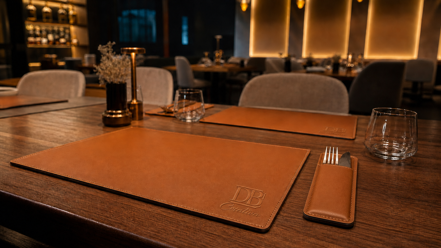 Mesa posta em restaurante sofisticado com porta talheres — DB Criativa
