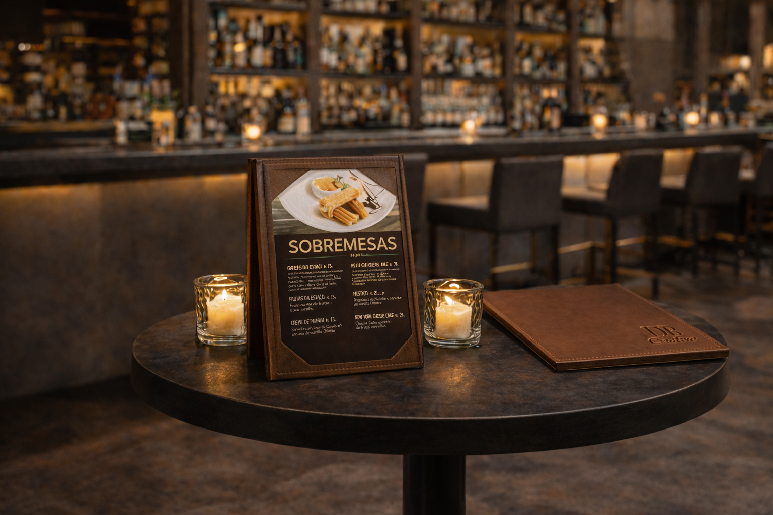 Mesa posta com display e cardápio em ambiente de bar — DB Criativa