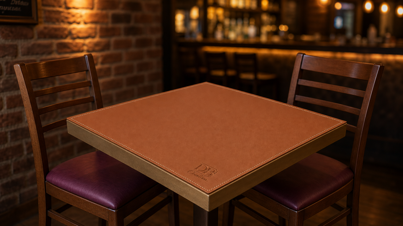 Forro de mesa de couro com logotipo DB Criativa em mesa de bar — detalhe